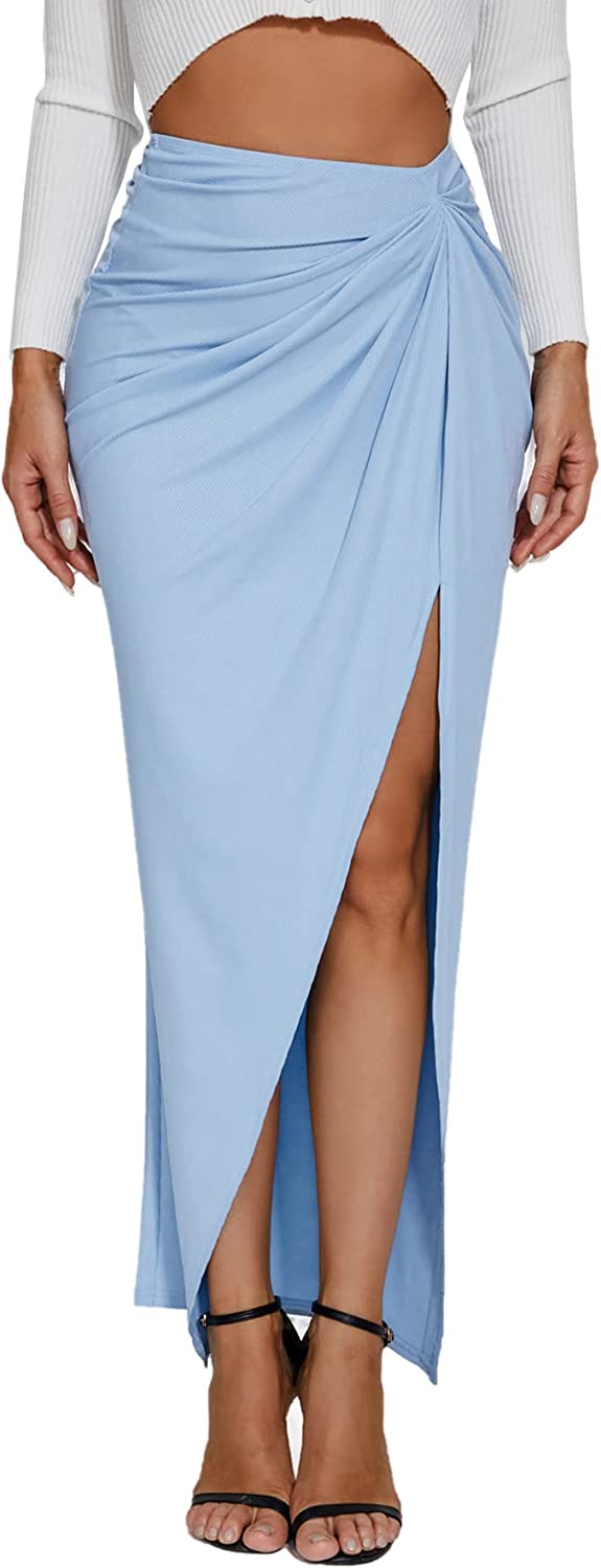 High Waist Light Blue Ruched Maxi Skirt w/Slit