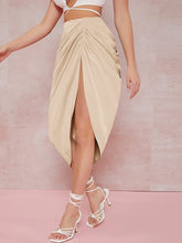 Load image into Gallery viewer, Split Front Apricot High Waist Ruched Bodycon Midi Skirt