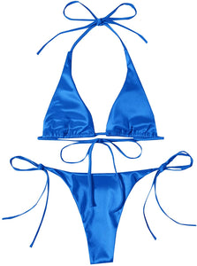 Royal Blue Satin Metallic Halter Top Two Piece Swimsuit