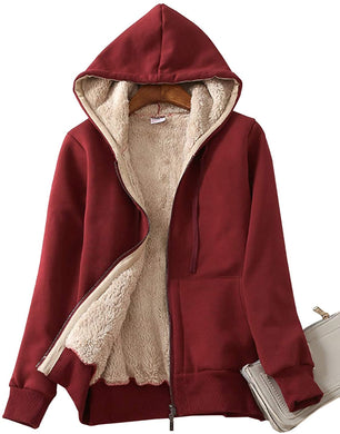Red Wine Sherpa Fleece Lined Hoodie Zip Up Jacket