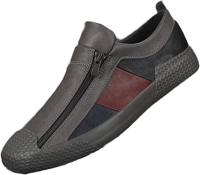 Men's Casual Grey/Red Leather Flat Zipper Sneaker Shoes