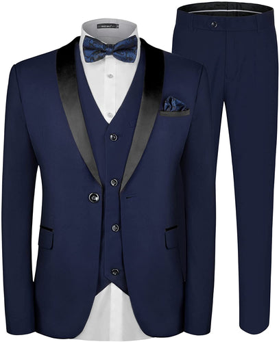 One Button Navy Blue Solid Shawl Lapel 3 Piece Suit