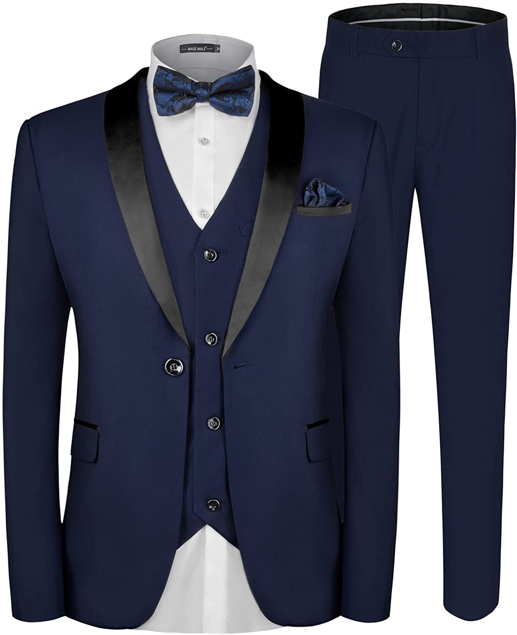 One Button Navy Blue Solid Shawl Lapel 3 Piece Suit