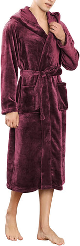 Men's Wine Red Hooded Plush Shawl Long Sleeve Robe