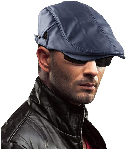 Men's Navy Blue PU Leather Classic Newsboy Cap