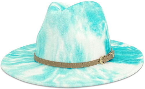 Chic Turquoise Green Tie-Dye Wide Brim Fedora Hat