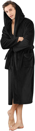 Men's Black Hooded Plush Long Sleeve Bathrobe