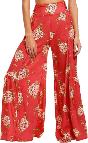 Beautiful Red Rose Printed Bohemian Palazzo Wide Leg Pants