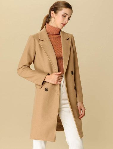 Outerwear Khaki Notch Lapel Double Breasted Belted Long Winter Coat