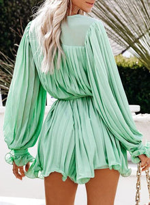 Emerald Pleated Ruffled Long Sleeve Belted Shorts Romper