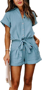 Casual Blue Button Down Short Sleeve Belted Shorts Romper