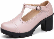 Load image into Gallery viewer, Square Toe Light Pink Leather Classic T-Strap Dress Pump Shoes