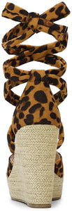 Women's Leopard Brown Lace Up Espadrilles Wedge Sandals
