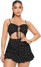 Load image into Gallery viewer, Tie Front Cut Out Black Polka Sleeveless Ruffle Rompers