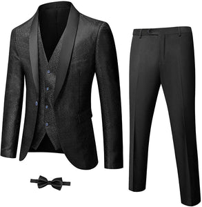Shawl Collar Black Floret One Button Tuxedo 3 Pieces Men's Suit