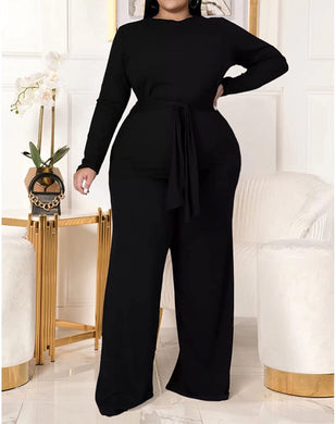 Plus Size 2 Piece Outfit Midnight Belted T-shirt Wide Leg Pants