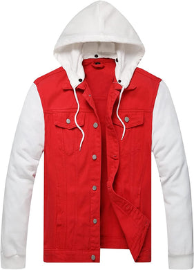 Casual Two Tone Red Men's Denim Hooded Jacket