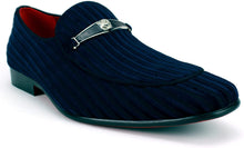 Load image into Gallery viewer, Metal Lion Ornament Navy Velvet Embossed Striped Loafers