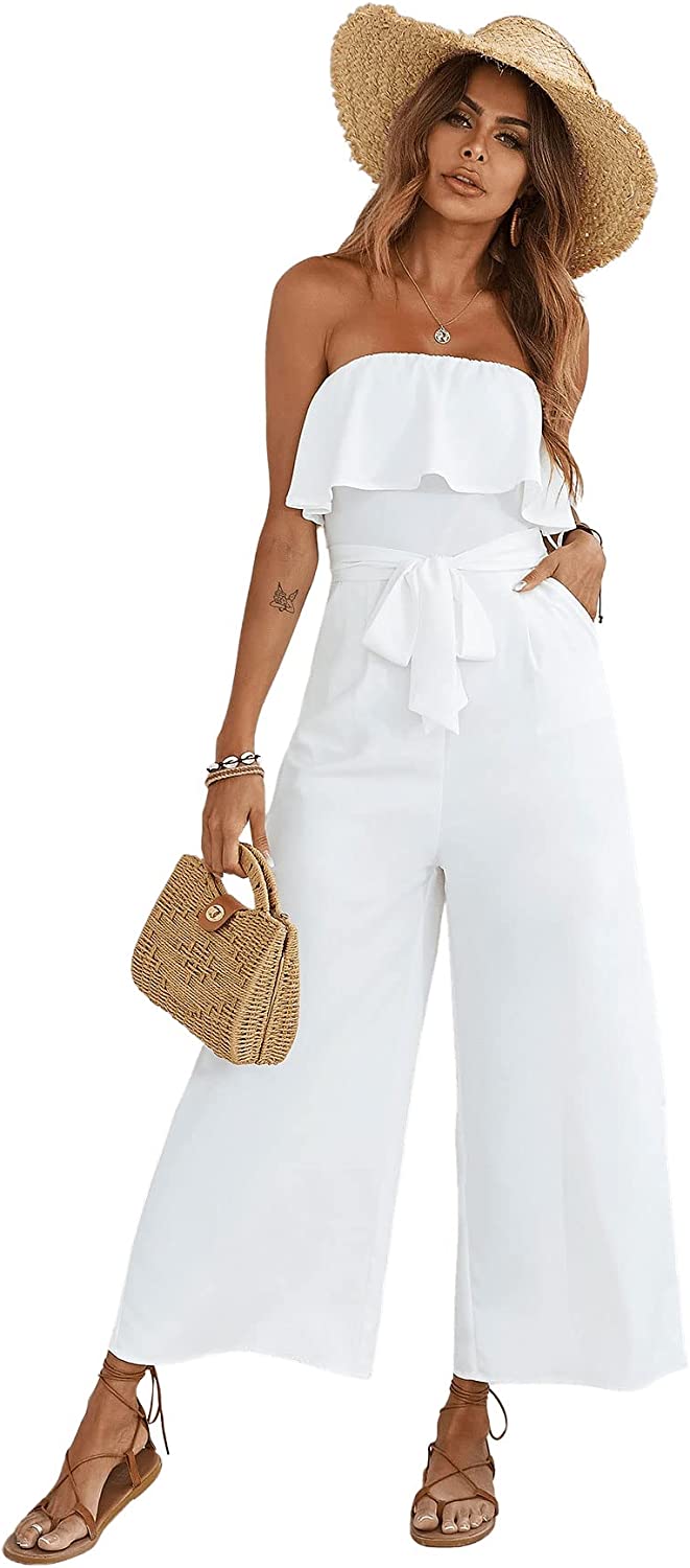 Strapless Ruffle Trim White High Waist Belted Romper Jumpsuit