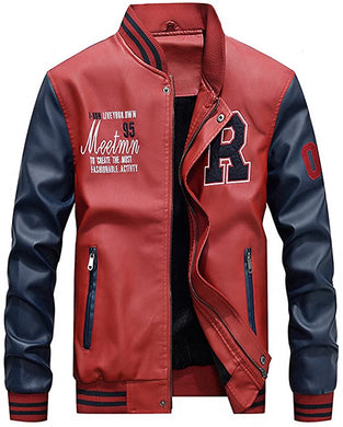 Men's Red Letterman Patchwork Faux Leather Jacket