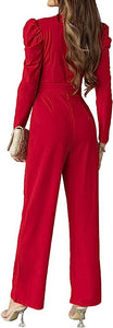 Chic Red Puff Sleeve Belted Jumpsuit