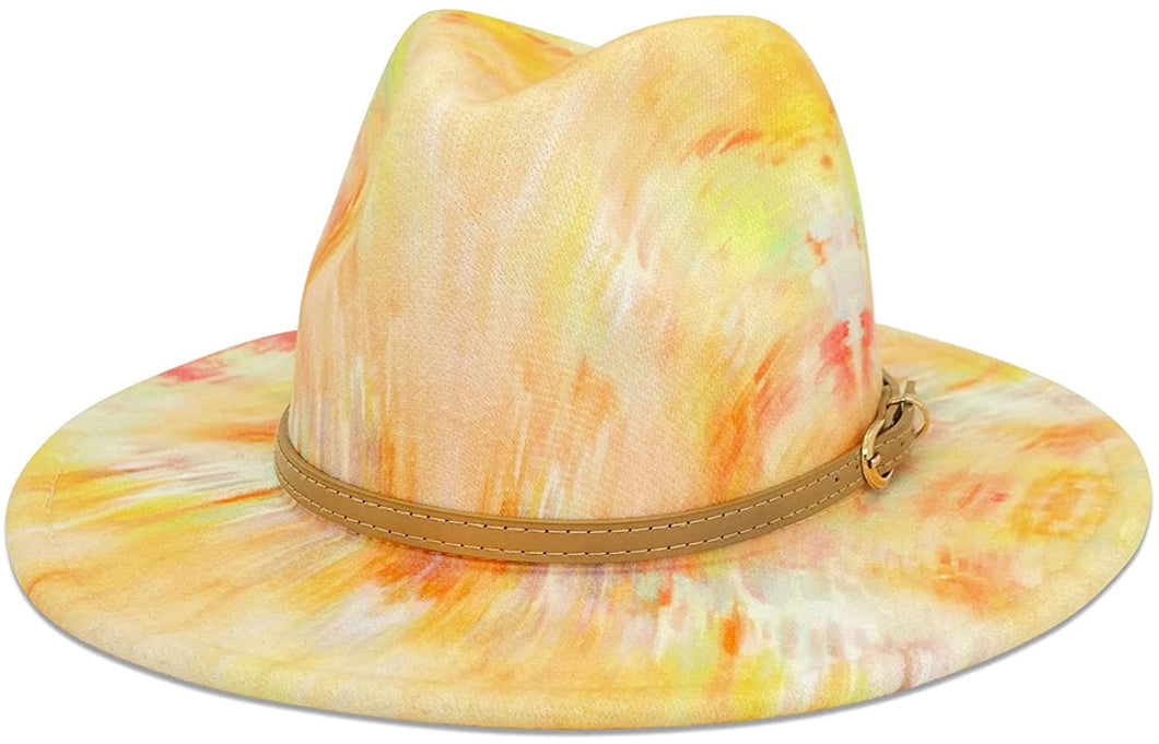 Chic Wheat Yellow Tie-Dye Wide Brim Fedora Hat