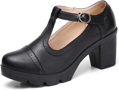 Square Toe Black Leather Classic T-Strap Dress Pump Shoes