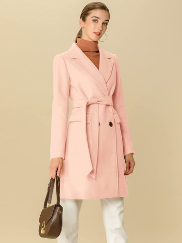 Outerwear Light Pink Notch Lapel Double Breasted Belted Long Winter Coat