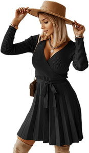 Wrapped Black Long Sleeve Knitted Sweater A-Line Dress