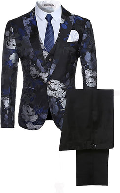 Men's Black Floral w/Blue Accent Long Sleeve 3pc Suit