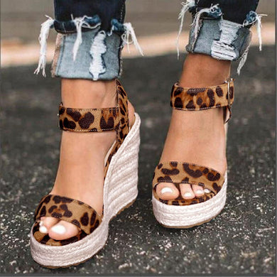 Leopard Wedge Ankle Strap Open Toe Platform Sandals