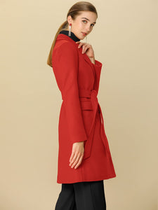 Outerwear Red Notch Lapel Double Breasted Belted Long Winter Coat