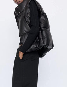 Quilted Black Faux Leather Sleeveless Women's Puffer Jacket