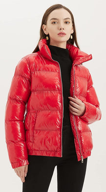 Shiny Padded Red Short Bubble Women's Puffer Jacket