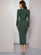 Load image into Gallery viewer, Divine Army Green Deep V Neck Ruched Waist Midi Bodycon Dress