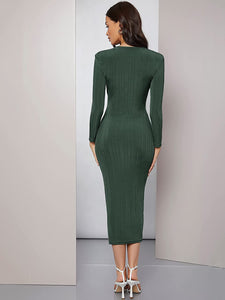 Divine Army Green Deep V Neck Ruched Waist Midi Bodycon Dress