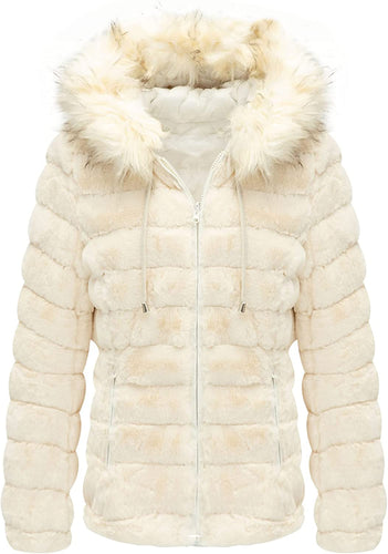 Faux Fur Collar White Reversible Hooded Puffer Coat