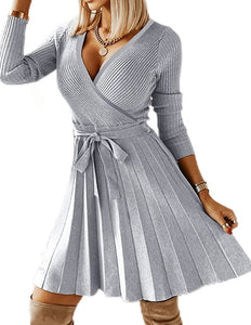 Wrapped Grey Long Sleeve Knitted Sweater A-Line Dress