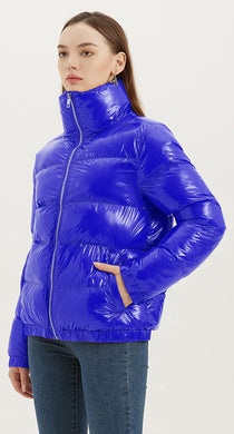 Quilted Blue Shiny Padded Women's Puffer Jacket