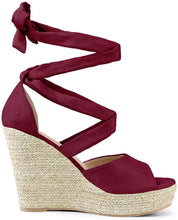Load image into Gallery viewer, Women&#39;s Burgundy Red Lace Up Espadrilles Wedge Sandals