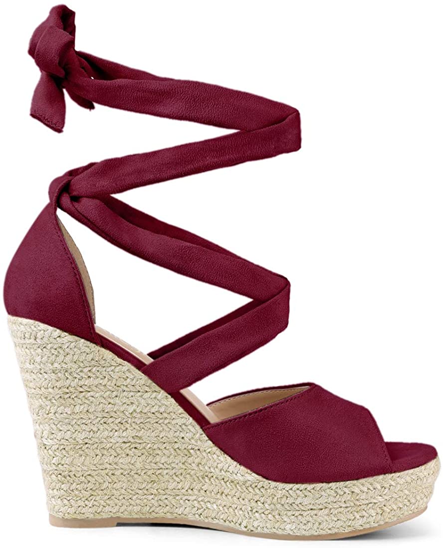 Women's Burgundy Red Lace Up Espadrilles Wedge Sandals