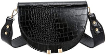Load image into Gallery viewer, Half Moon Crocodile Black Crossbody Wide Strap Bag