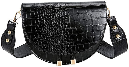 Half Moon Crocodile Black Crossbody Wide Strap Bag