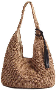 Hand Woven Brown Large Straw Shoulder Bag