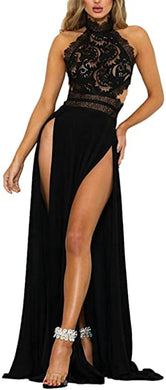 Black Lace Halter Sleeveless Dual Split Maxi Dress