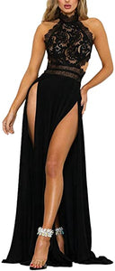 Black Lace Halter Sleeveless Dual Split Maxi Dress