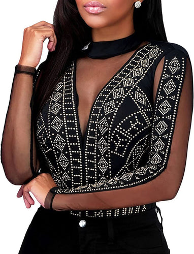 Turtleneck Black Beaded Illusion Bodice Mesh Sleeve Bodysuit