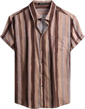 Load image into Gallery viewer, Tricolour Brown Striped Summer Button Down Short Sleeve Shirt