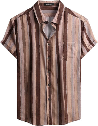 Tricolour Brown Striped Summer Button Down Short Sleeve Shirt