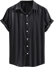 Load image into Gallery viewer, Men&#39;s Navy Blue Floral Satin Button Up Short Sleeve Shirt